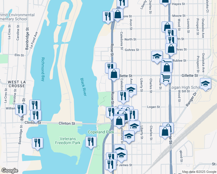 map of restaurants, bars, coffee shops, grocery stores, and more near 1523 Rose Street in La Crosse