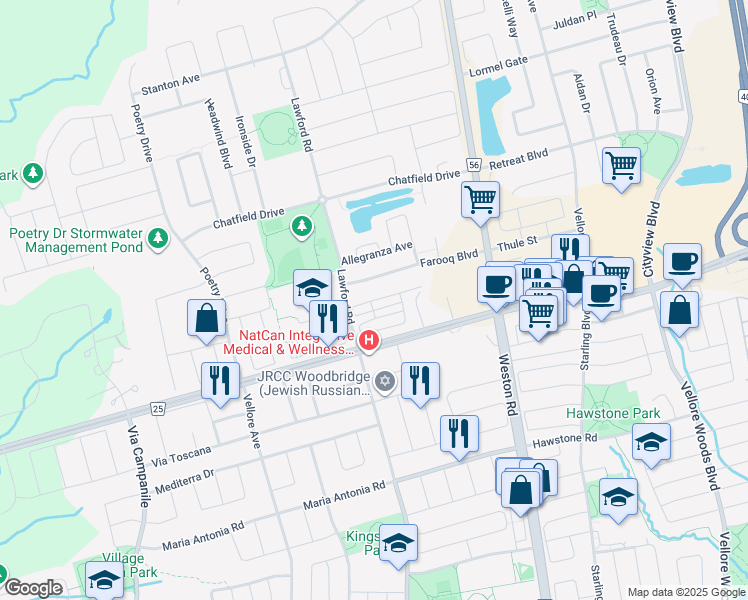 map of restaurants, bars, coffee shops, grocery stores, and more near Sandwell Street in Vaughan