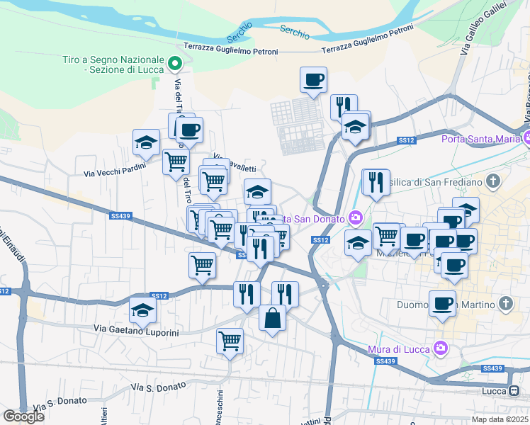 map of restaurants, bars, coffee shops, grocery stores, and more near 28 Via delle Rose in Lucca