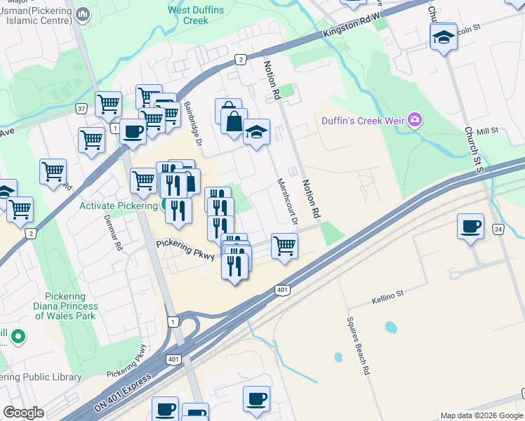map of restaurants, bars, coffee shops, grocery stores, and more near 1529 Beechlawn Drive in Pickering