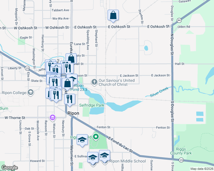 map of restaurants, bars, coffee shops, grocery stores, and more near 417 Scott Street in Ripon