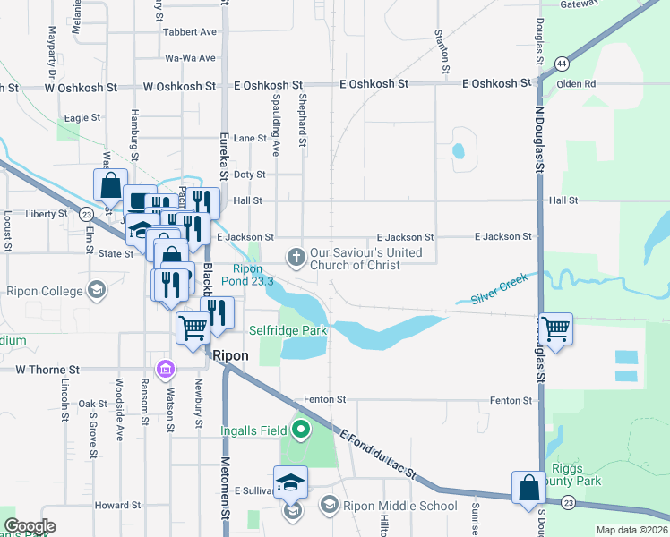 map of restaurants, bars, coffee shops, grocery stores, and more near 417 Scott Street in Ripon