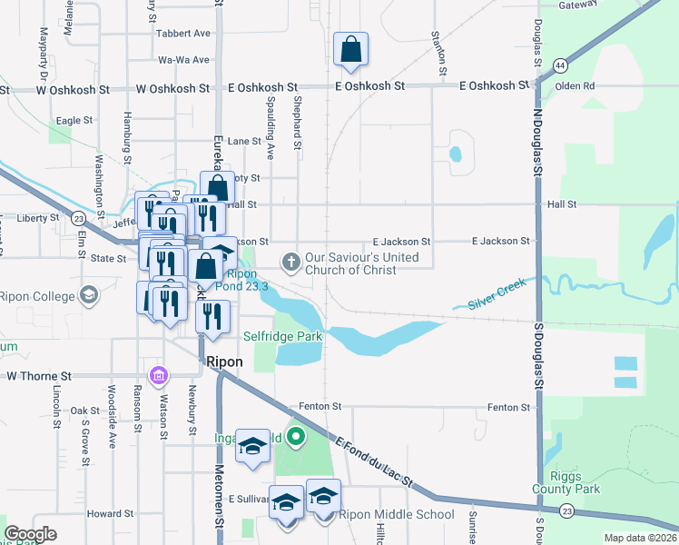 map of restaurants, bars, coffee shops, grocery stores, and more near 447 Scott Street in Ripon