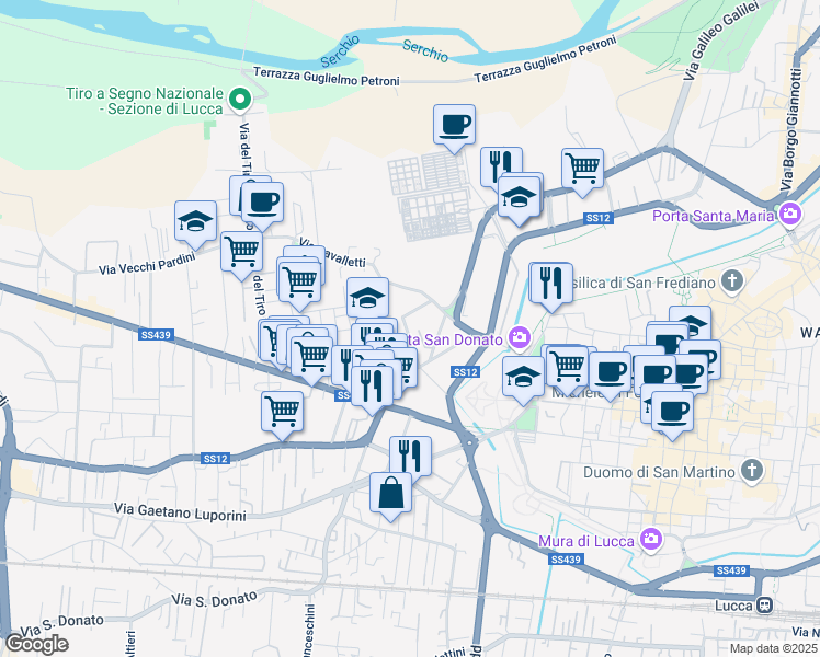 map of restaurants, bars, coffee shops, grocery stores, and more near 206 Via C. Angeloni in Lucca