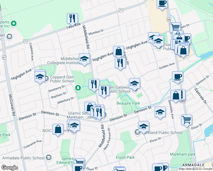 map of restaurants, bars, coffee shops, grocery stores, and more near 88 Golden Avenue in Markham