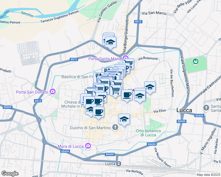 map of restaurants, bars, coffee shops, grocery stores, and more near 2 Corte Compagni in Lucca