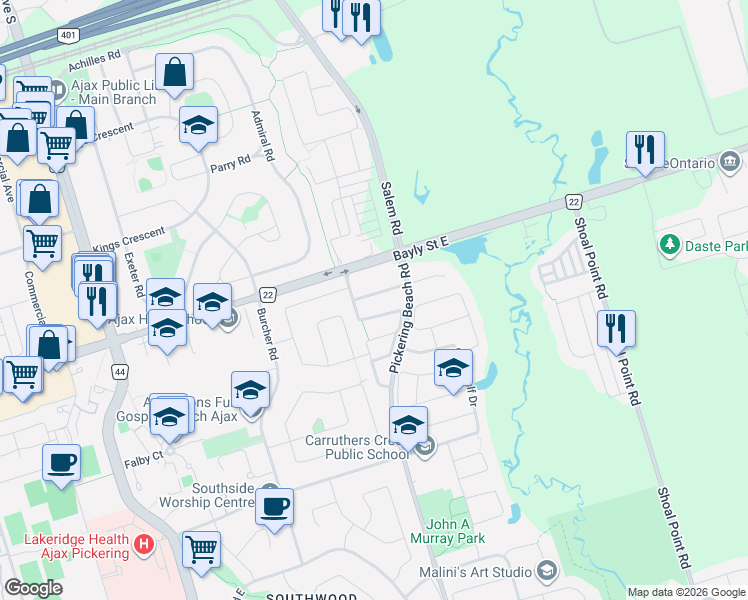 map of restaurants, bars, coffee shops, grocery stores, and more near 17 Croker Drive in Ajax