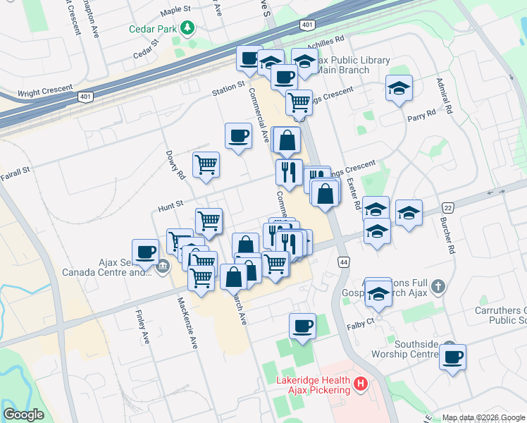map of restaurants, bars, coffee shops, grocery stores, and more near 36 Bateson Street in Ajax