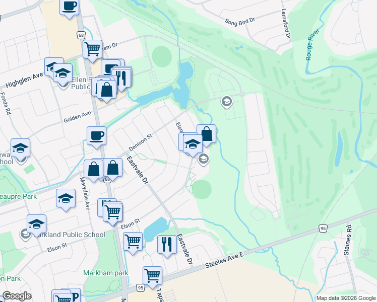 map of restaurants, bars, coffee shops, grocery stores, and more near 2 Bethany Street in Markham
