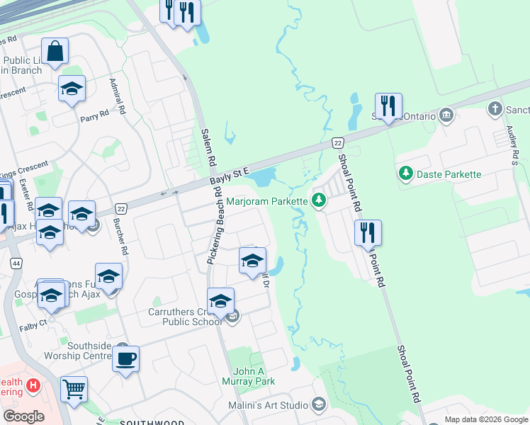 map of restaurants, bars, coffee shops, grocery stores, and more near 172 Angier Crescent in Ajax