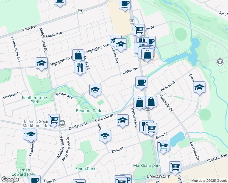 map of restaurants, bars, coffee shops, grocery stores, and more near in Markham