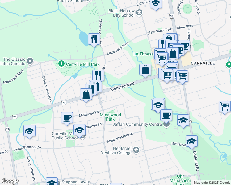 map of restaurants, bars, coffee shops, grocery stores, and more near 39 Starwood Road in Vaughan