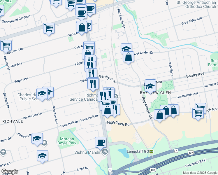 map of restaurants, bars, coffee shops, grocery stores, and more near 91 Beresford Drive in Richmond Hill