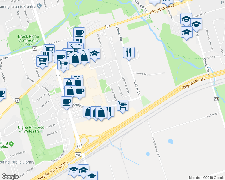 map of restaurants, bars, coffee shops, grocery stores, and more near Beechlawn Drive in Pickering
