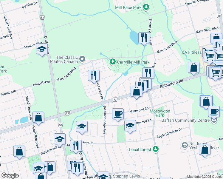 map of restaurants, bars, coffee shops, grocery stores, and more near 138 Wolf Creek Crescent in Vaughan