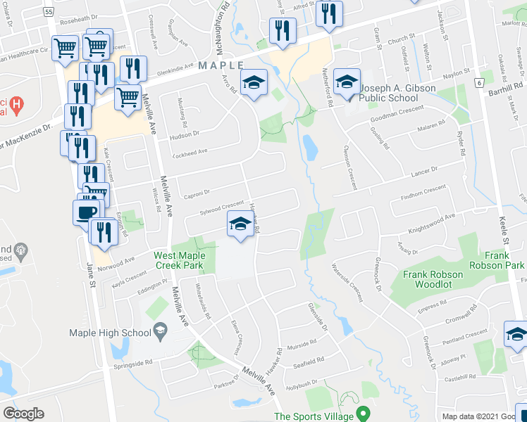 map of restaurants, bars, coffee shops, grocery stores, and more near 12 Villandry Crescent in Vaughan