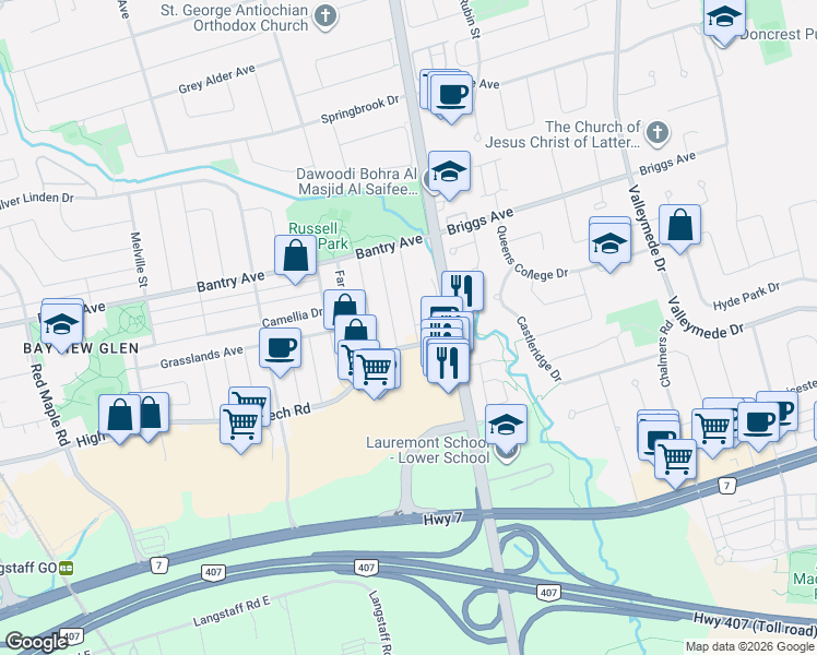 map of restaurants, bars, coffee shops, grocery stores, and more near in Richmond Hill