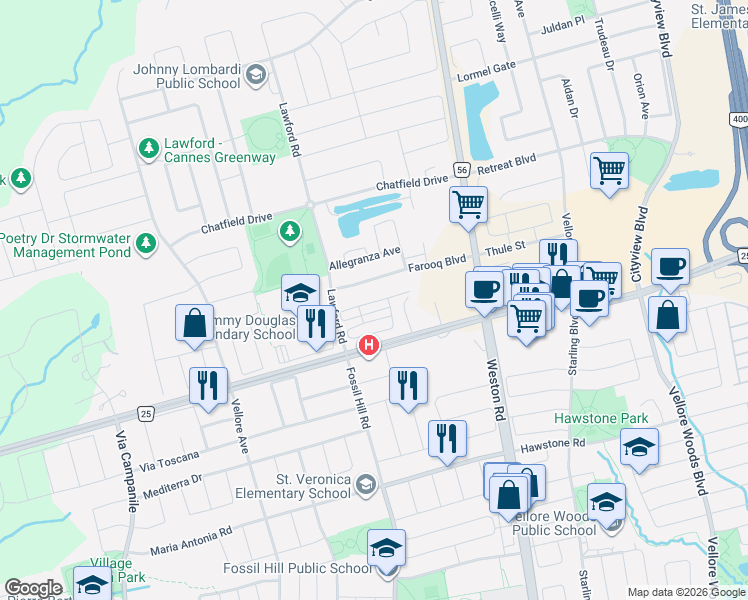 map of restaurants, bars, coffee shops, grocery stores, and more near 58 Sandwell Street in Vaughan