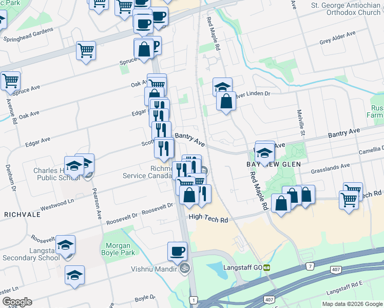 map of restaurants, bars, coffee shops, grocery stores, and more near 91 Beresford Drive in Richmond Hill