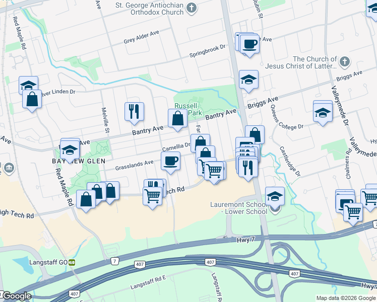 map of restaurants, bars, coffee shops, grocery stores, and more near 26 Iron Horse Avenue in Richmond Hill