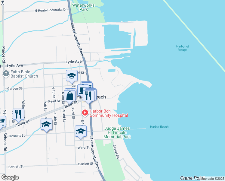 map of restaurants, bars, coffee shops, grocery stores, and more near 79 State Street in Harbor Beach