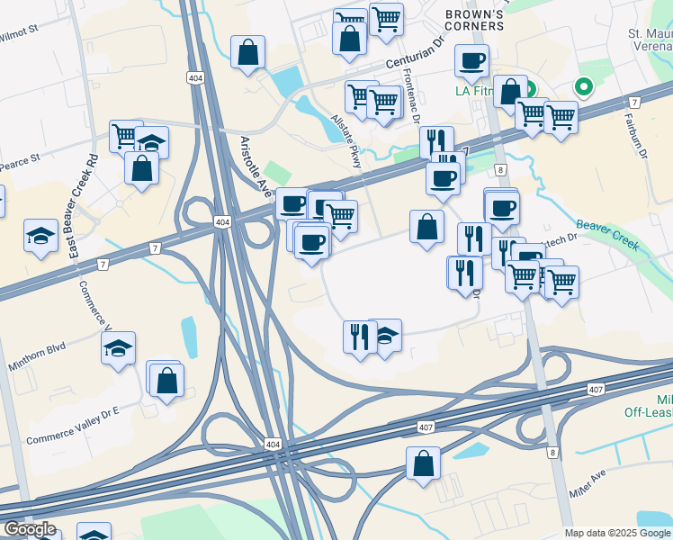 map of restaurants, bars, coffee shops, grocery stores, and more near 600 Cochrane Drive in Markham