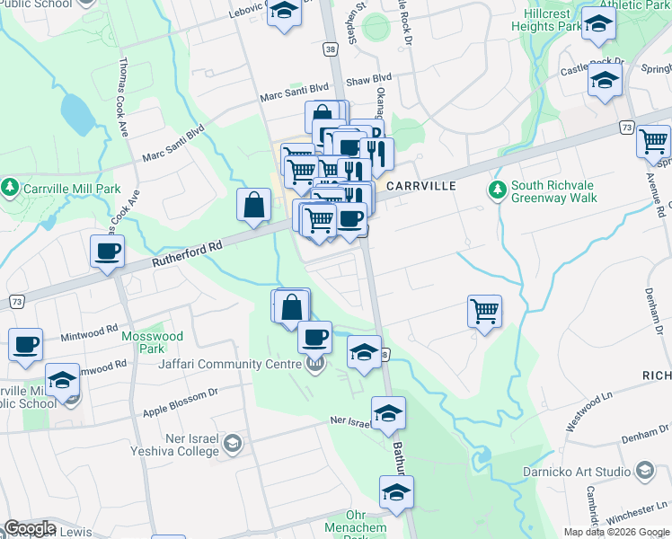 map of restaurants, bars, coffee shops, grocery stores, and more near in Vaughan