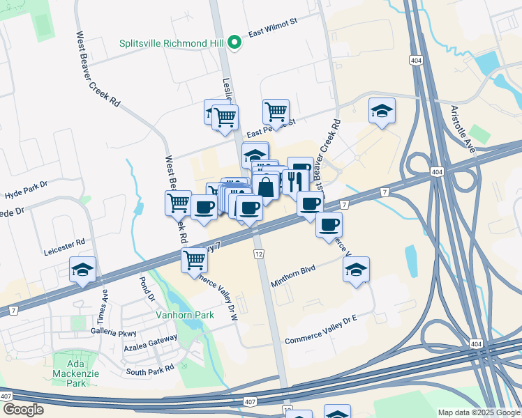 map of restaurants, bars, coffee shops, grocery stores, and more near 9005 Leslie Street in Richmond Hill