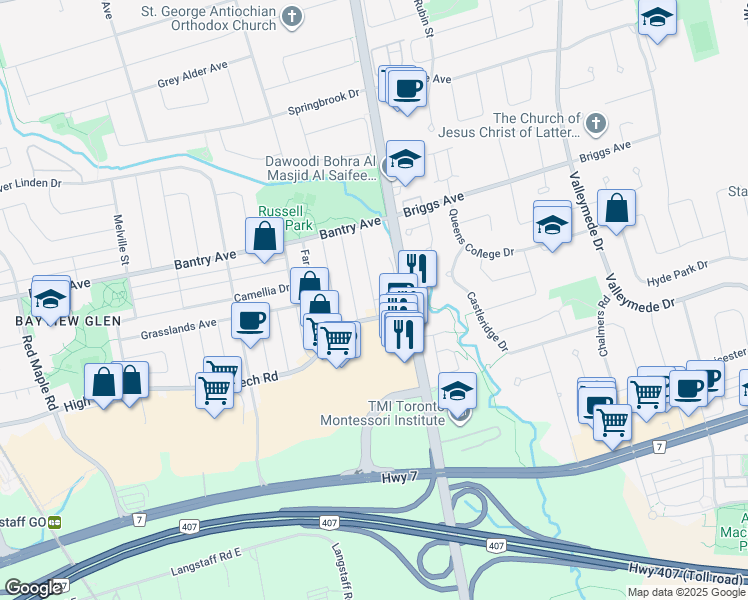 map of restaurants, bars, coffee shops, grocery stores, and more near Caymus Street in Richmond Hill