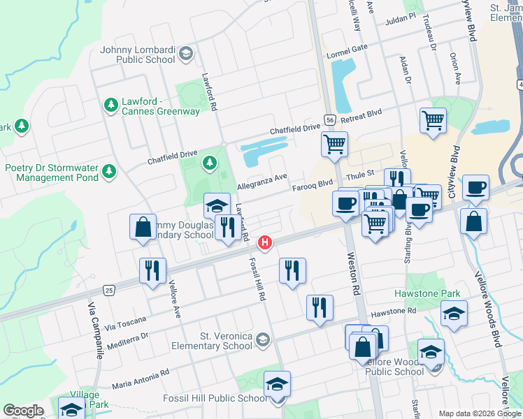 map of restaurants, bars, coffee shops, grocery stores, and more near 58 Sandwell Street in Vaughan