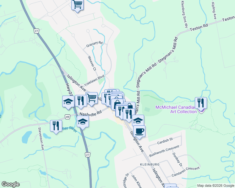 map of restaurants, bars, coffee shops, grocery stores, and more near 91 Napier Street in Vaughan
