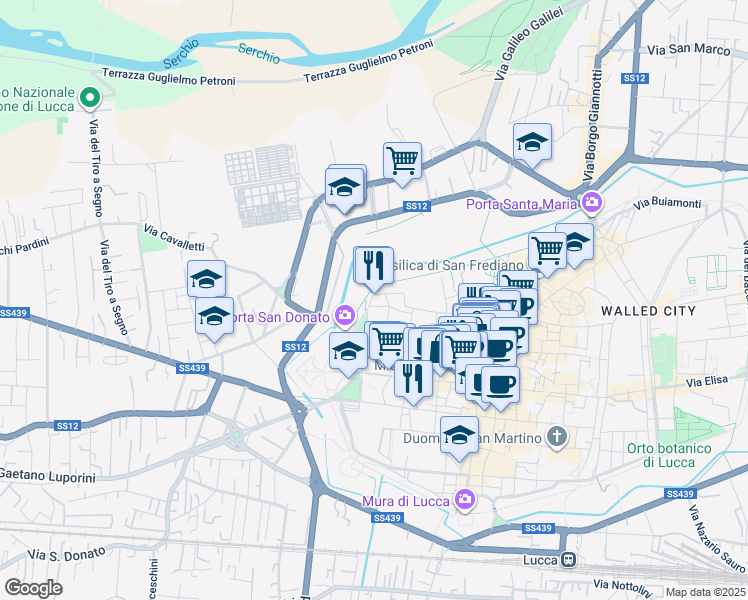 map of restaurants, bars, coffee shops, grocery stores, and more near 49 Via delle Conce in Lucca