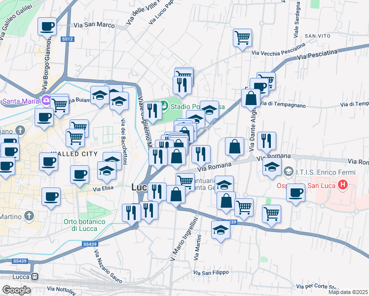 map of restaurants, bars, coffee shops, grocery stores, and more near 361 Viale Castruccio Castracani in Lucca