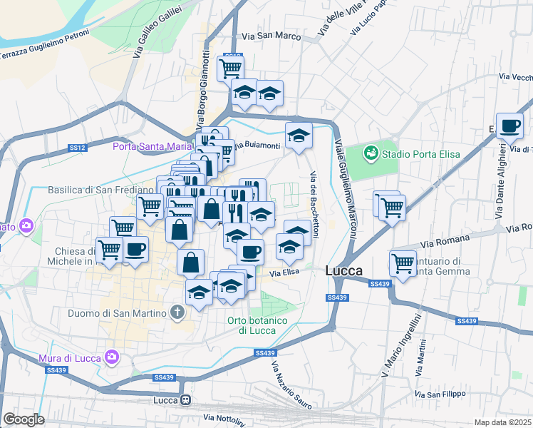 map of restaurants, bars, coffee shops, grocery stores, and more near 33 Via Santa Chiara in Lucca