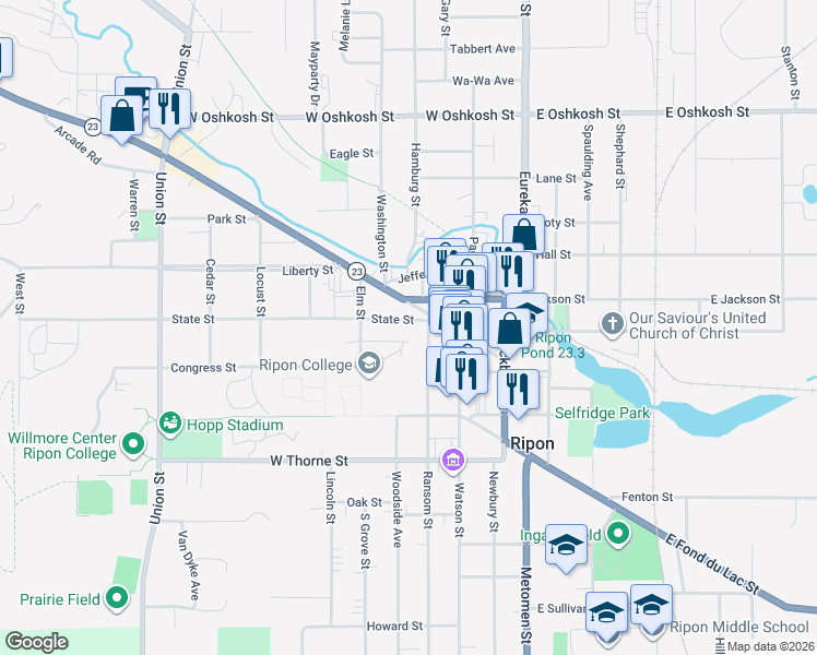 map of restaurants, bars, coffee shops, grocery stores, and more near 220 Ransom Street in Ripon