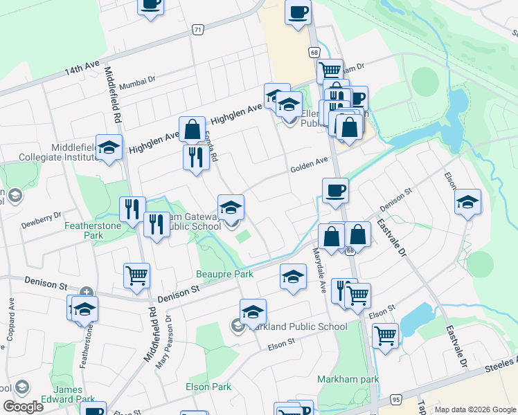map of restaurants, bars, coffee shops, grocery stores, and more near 19 Connery Crescent in Markham