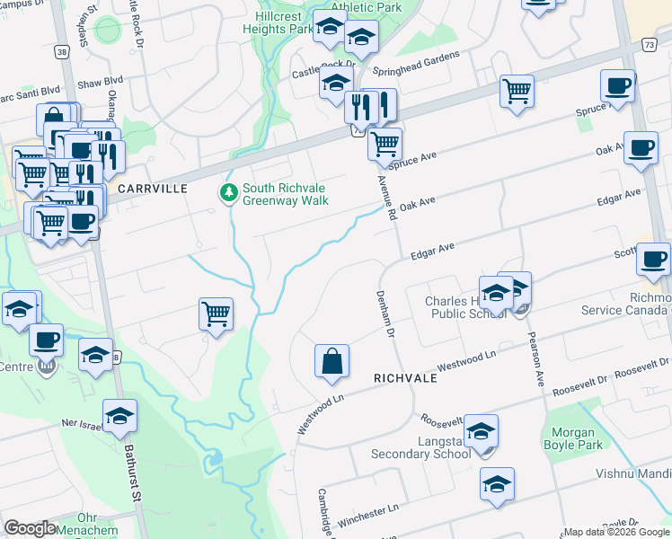 map of restaurants, bars, coffee shops, grocery stores, and more near 40 Maryvale Crescent in Richmond Hill