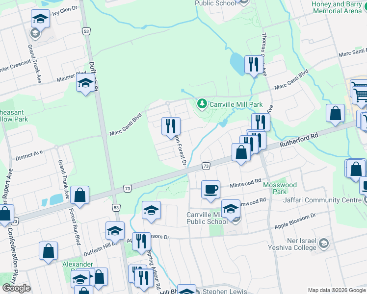 map of restaurants, bars, coffee shops, grocery stores, and more near 43 Crimson Forest Drive in Vaughan