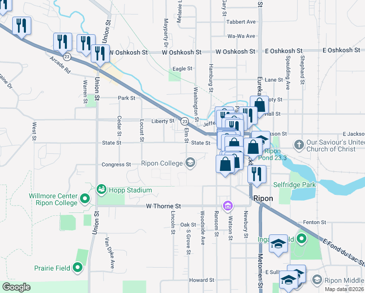 map of restaurants, bars, coffee shops, grocery stores, and more near 220 Elm Street in Ripon