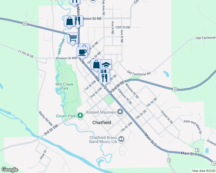 map of restaurants, bars, coffee shops, grocery stores, and more near in Chatfield
