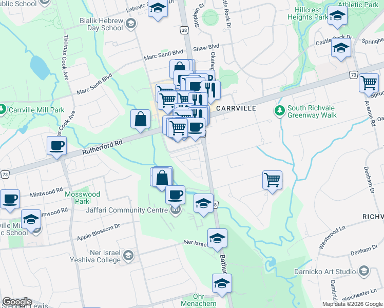 map of restaurants, bars, coffee shops, grocery stores, and more near in Vaughan