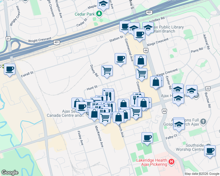map of restaurants, bars, coffee shops, grocery stores, and more near 195 Monarch Avenue in Ajax
