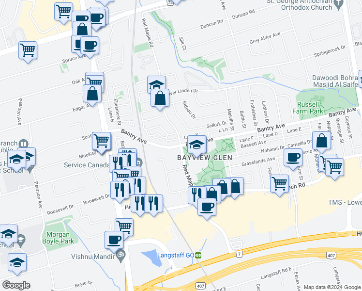 map of restaurants, bars, coffee shops, grocery stores, and more near in Richmond Hill
