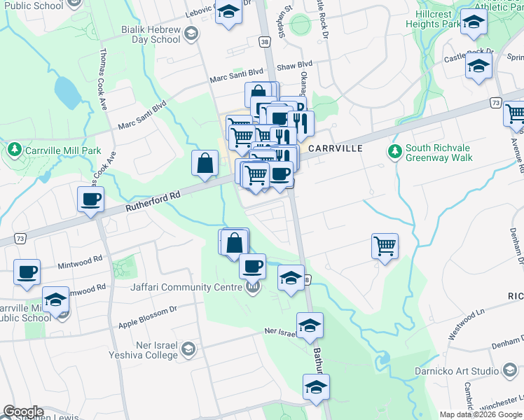 map of restaurants, bars, coffee shops, grocery stores, and more near 27 Thorncrest Drive in Vaughan