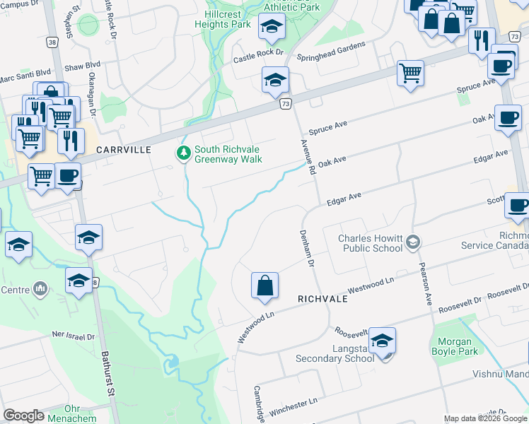 map of restaurants, bars, coffee shops, grocery stores, and more near 40 Maryvale Crescent in Richmond Hill