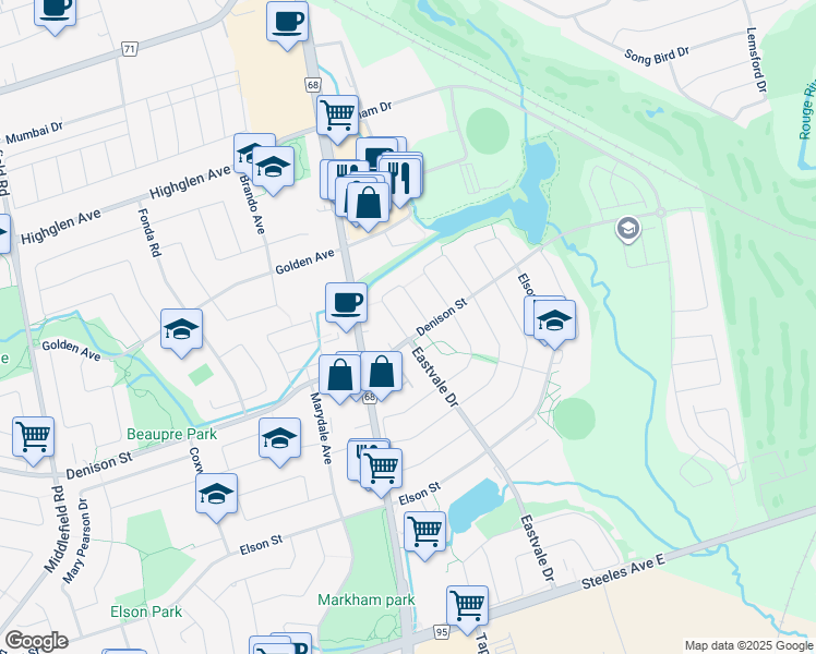 map of restaurants, bars, coffee shops, grocery stores, and more near 5 Jack Monkman Crescent in Markham