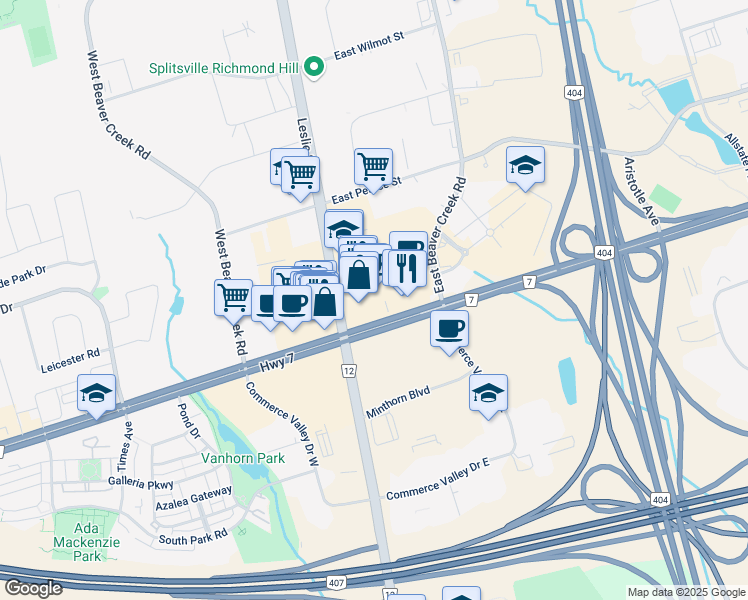 map of restaurants, bars, coffee shops, grocery stores, and more near 600 York Regional Road 7 in Richmond Hill