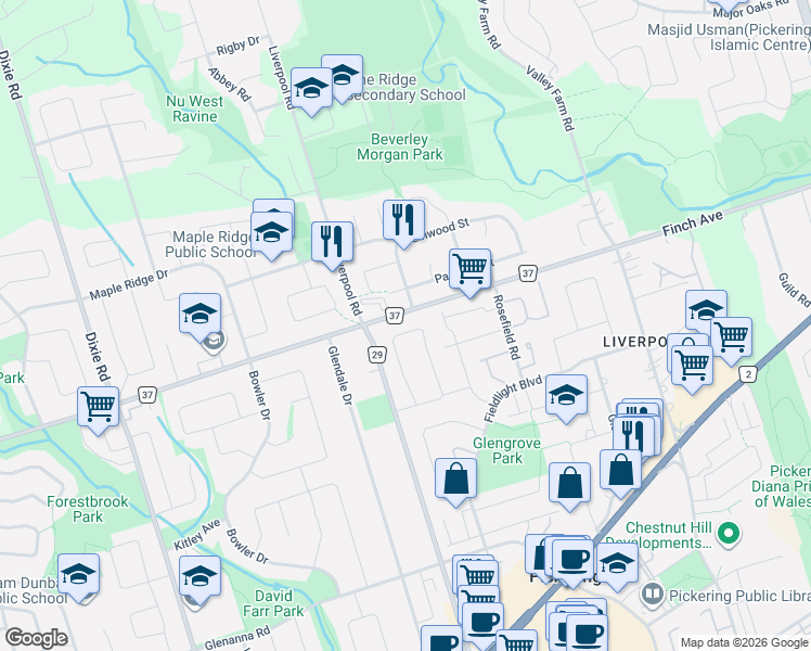 map of restaurants, bars, coffee shops, grocery stores, and more near 1405 Anton Square in Pickering