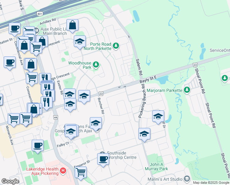 map of restaurants, bars, coffee shops, grocery stores, and more near 20 Billingsgate Crescent in Ajax