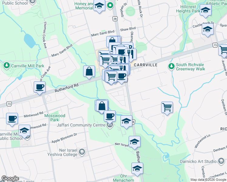 map of restaurants, bars, coffee shops, grocery stores, and more near 27 Thorncrest Drive in Vaughan